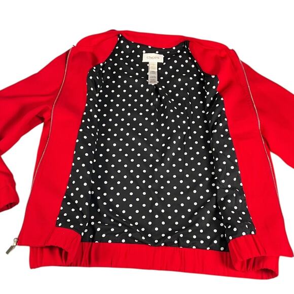 Chico's Clean Crepe Bomber Jacket Lightweight Red Polka Dot Lining Size 1 Zipper - Picture 10 of 11